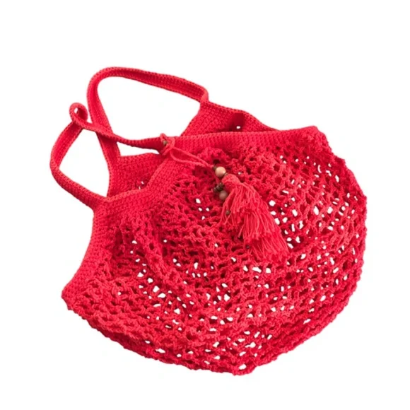 French Inspired Crochet Fishnet Market Bag Red Rouge Tote Shoulder Bag w/Tassel - Picture 8 of 16